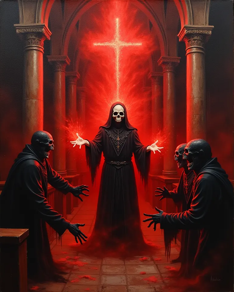 oil painting of In an old, dark, and mysterious church, the Occult satanic priest with a skull face channels red light energy from their palms, pushing it outward. The radiant light disintegrates the twisted forms of demons, their shadows melting away amid...