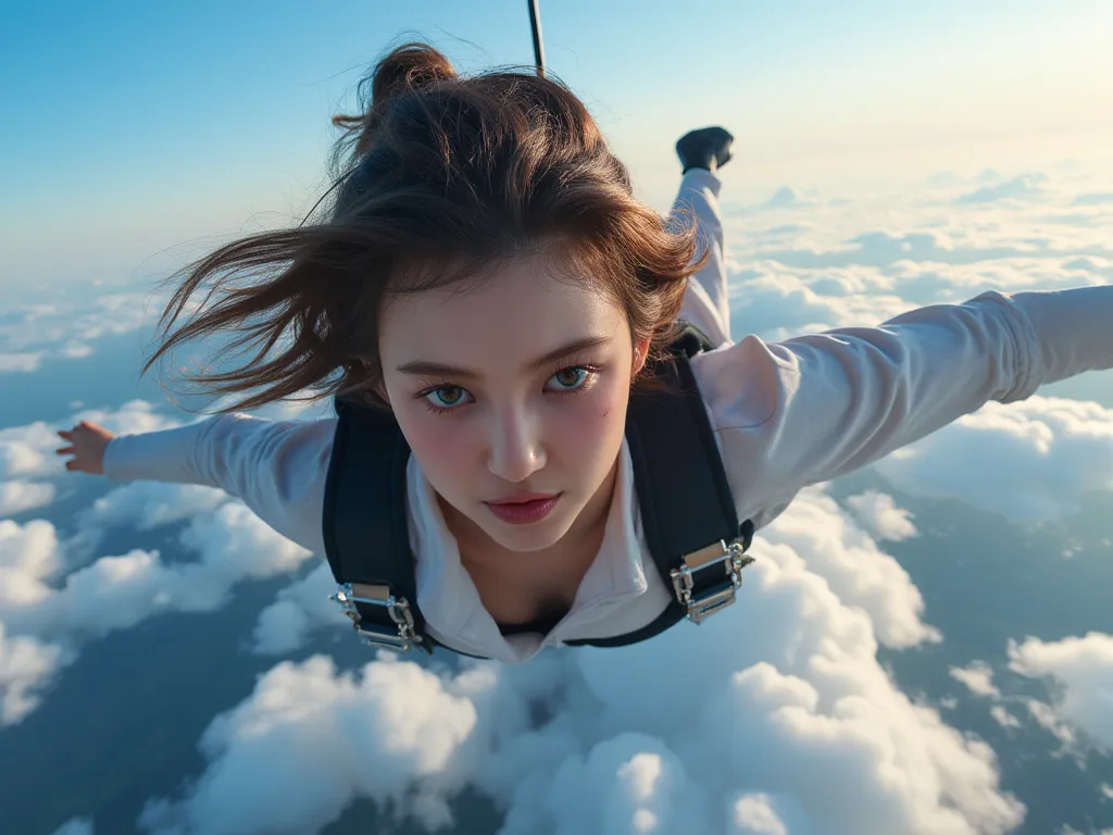 8k,photo realistic,Skydiving girl,Vertical drop from head、she was higher than the clouds,beautiful cloud,close up face