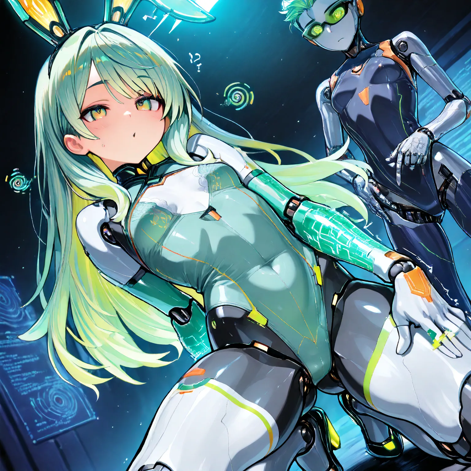  Mechanical bunny ears,she has a vibrant mint green Hufflepuff and a little bit of brown,glowing green eyes with a hypnotic swirl pattern,
Her cybernetic arms and Her slightly metallic skin reflects ambient neon light, reinforcing her fembot nature. Subtle...