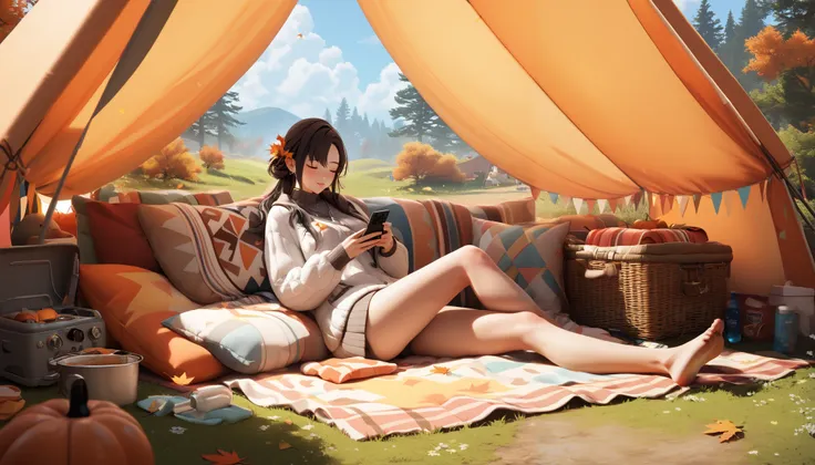 "An outdoor movie night at a campsite with a glowing orange tent and a young woman sitting on a comfortable inflatable sofa. She is wrapped in a blanket, holding a phone, while a projector displays a film onto a large screen. The setting is peaceful with a...