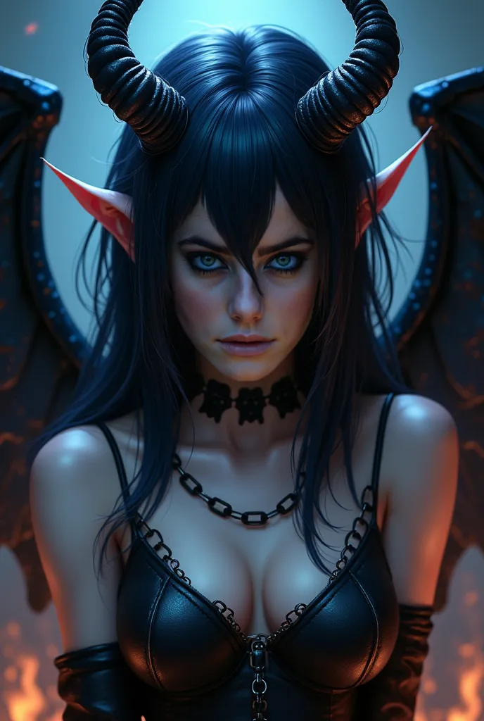 demon girl, beautiful face, sharp horns, vibrant dark hair, glowing blue eyes, delicate black wings, pale skin,gothic style, dark fantasy, mystical aura, chains, dark background with flames, digital art, highly detailed, dramatic lighting, fantasy portrait...