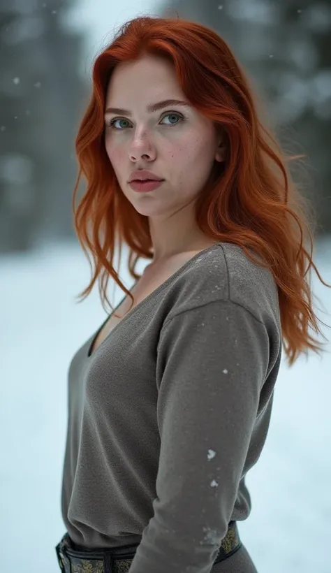 2D, Art Photography, Professional photography, photo of (a red-haired girl with freckles and Nordic skin, Scarlett Johansson With a top and tight leggings, Scarlett Johansson face, Snow photography background:2), (Characteristics art Photography: High deta...