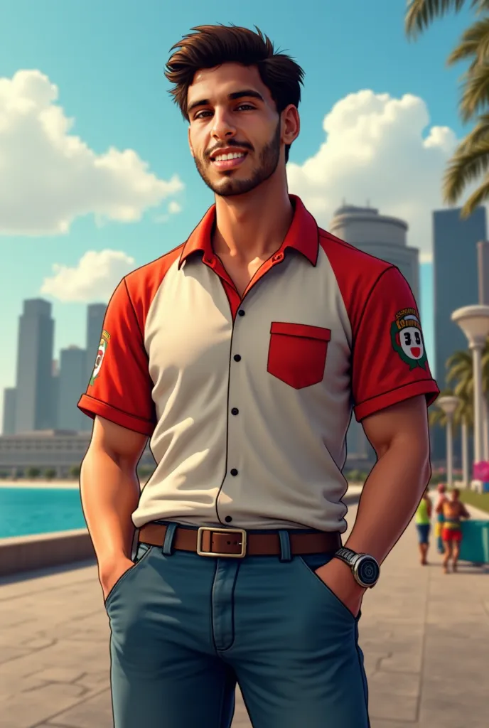 Make this person wear the GTA Vice City Tommy character and make him have the same body as the person in the picture and wear the famous Tommy shirt, smile and stand in a famous place in the game and the game features are clear