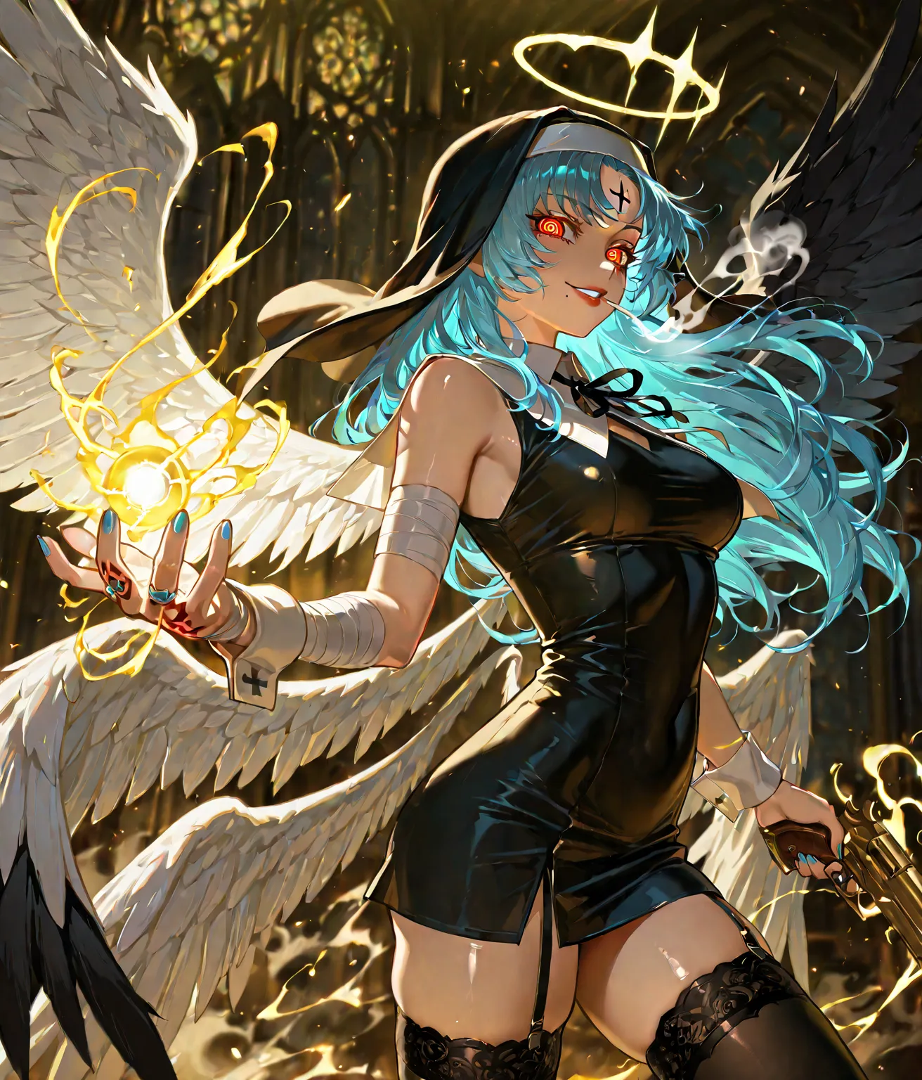 masterpiece, best quality, high quality, Blue hair, long hair, open eyes, red lips, medium breasts, thin body,  shiny lips,  shiny eyes ,g0dishmiku, forehead mark, black tears tattoo, face tattoo, long hair, halo, red eyes, blue eyes, ringed eyes, blue rin...