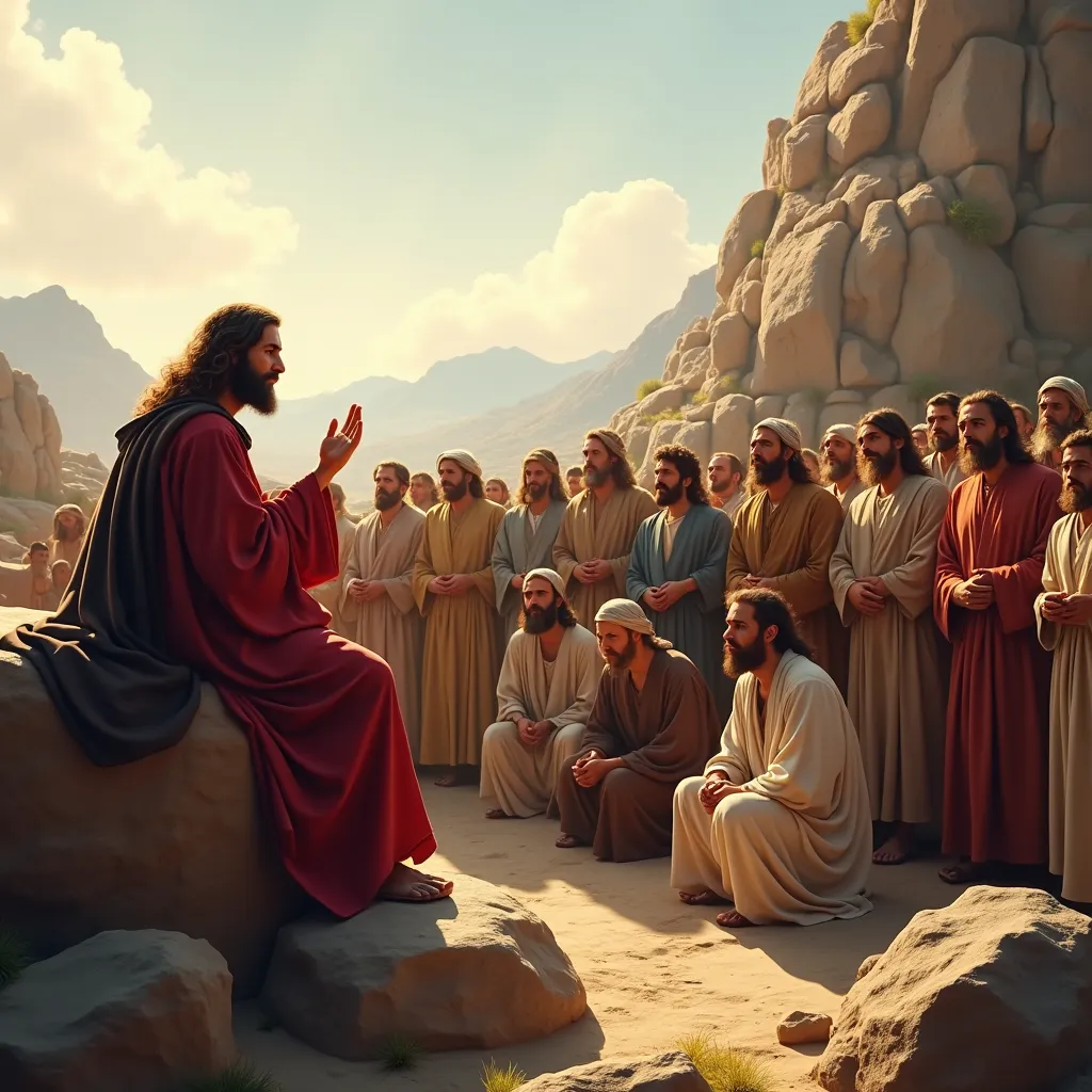 A classic and inspiring scene of Jesus Christ preaching to a crowd in a natural outdoor setting. Jesus is seated on a raised rock, wearing a red robe and dark cloak, with long brown hair and a beard. He raises his right hand in a teaching gesture, while hi...