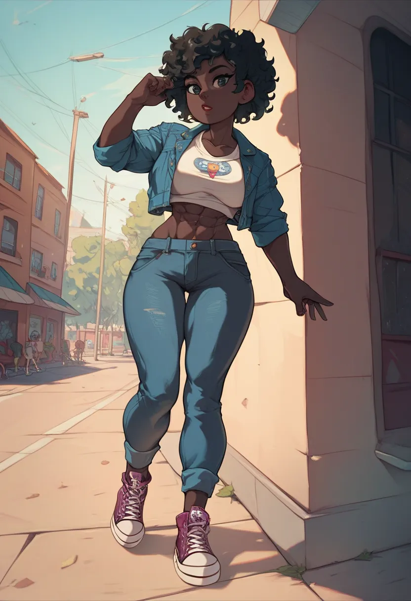 Masterpiece, 1 girl, young, black skin, muscular, black hair, short hair, curly hair, wide hips, black eyes, big breasts, muscle mommy, crop top, denim short, jacket, converse shoes