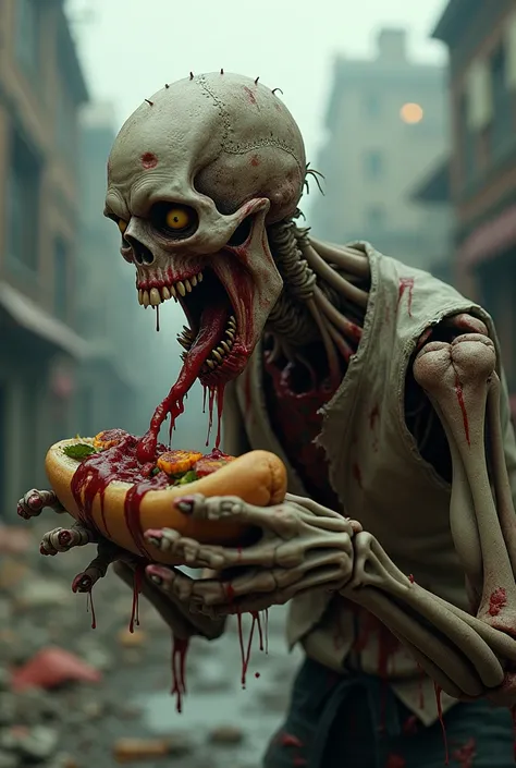 Zombie eating a hot dog