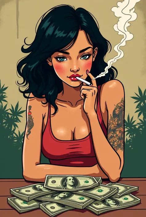 Create an image in the form of a vintage cartoon of a young woman with medium black hair, with several tattoos on the arm, of light brown skin color smoking a cannabis joint and piling money on a table.