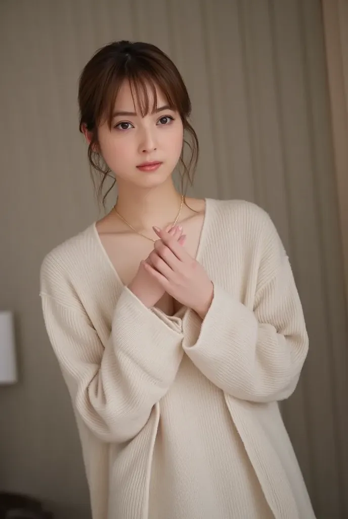 virgin killer sweater, (sweater dress:1.4), ribbed sweater,sideboob,cleavage cutout:1.5, ,crop top navel,:1.4,NSFW,masterpiece, c cup,Please show me your armpits、embarrassing pose、

