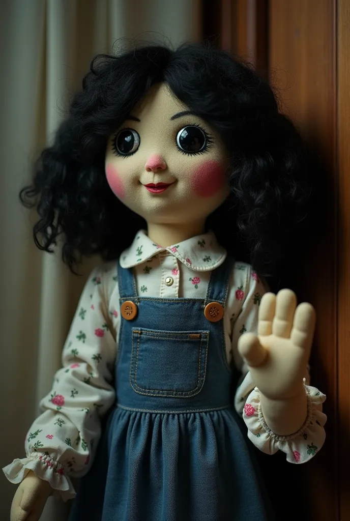 A rag doll looking like an elementary school teacher from the 70s, should look like an adult woman. She wears clothes from the time, like a jean planter with subtle prints, round neck and long sleeves. Her hair is made of wool and jet-black, styled in a st...