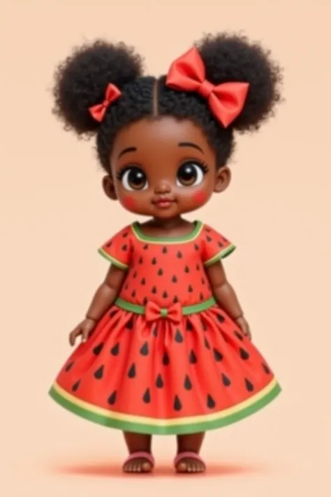 Black baby with 2 bun on her head with red bow dressed in watermelon