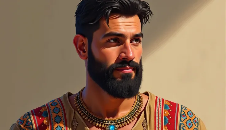 A detailed portrait of a Canaanite man with a well-trimmed beard, embroidered tunic and gemstone necklace.