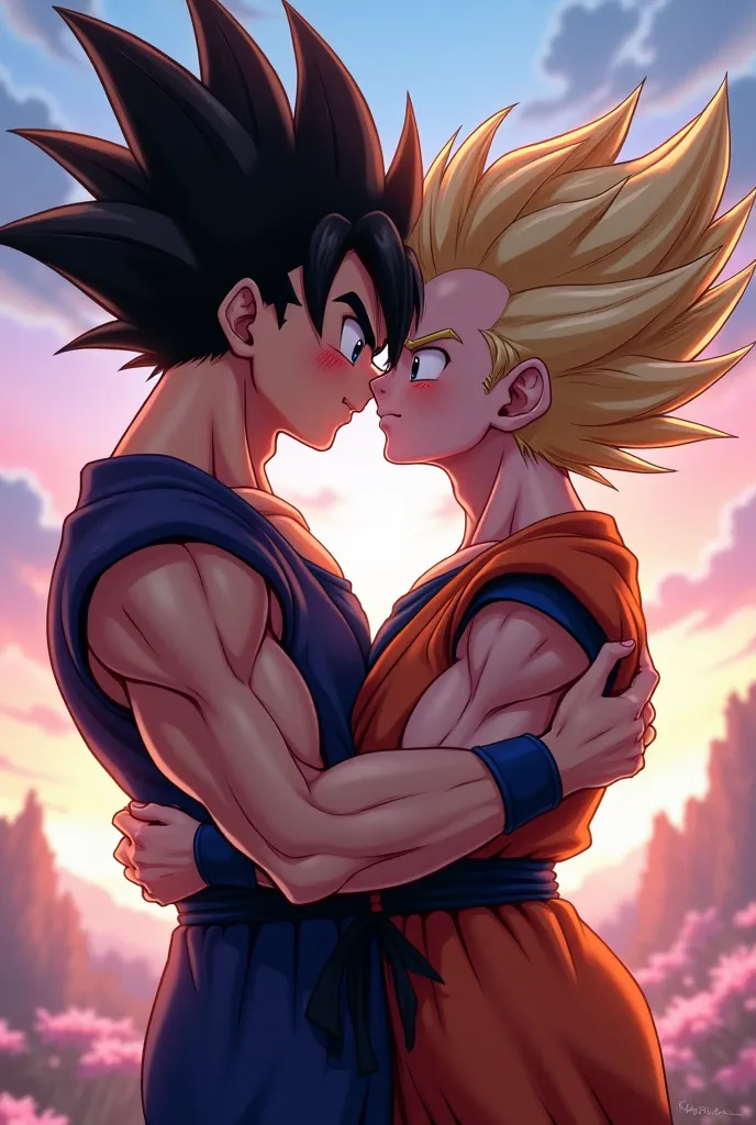 Goku kissing Vegeta on the lips 