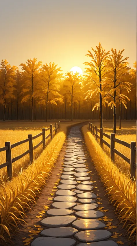 golden wheat fields stretching endlessly, sunlight filtering through golden autumn leaves, mist rising over a golden valley at dawn, soft rolling hills bathed in warm golden light, rustic wooden fences, cobblestone paths winding through a golden meadow, to...