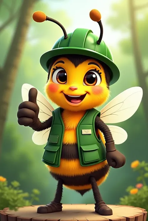 A bee smiling in front,  with his thumb up , with a green environmental helmet, with a green sleeveless vest