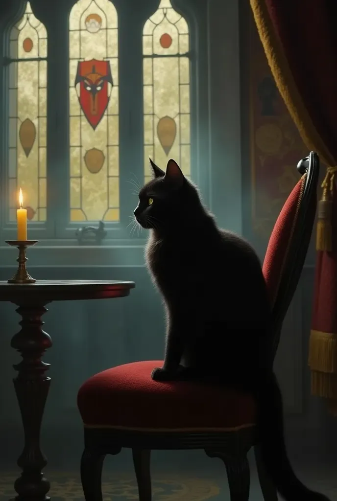 A Dark cute chubby black cat is sitting thoughtfully on the chair. But his darkness as Mist covering the dark gothic luxury room. In Background, there is glorious stendglass that shining symbolically. But the darkness working in a mysterious way. The cat k...