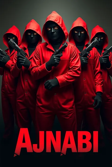 Create a promotional poster for a themed party inspired by a popular heist series. The design should feature a group of masked individuals in red jumpsuits, holding props like toy guns. Use a dark, moody background to enhance the mysterious vibe. Ajnabi In...