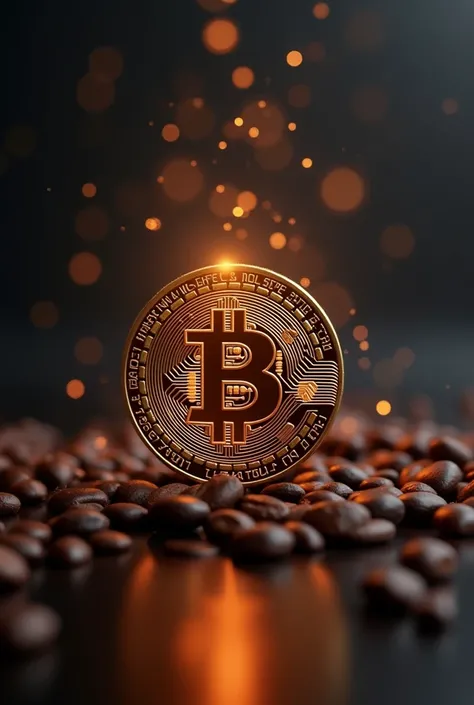 "Create a futuristic and realistic image that represents the fusion between finance and cryptocurrency in the concept of Smart Coffee. The image must include a symbol of an innovative and unique cryptocurrency (without using Bitcoin or Ethereum) with an el...