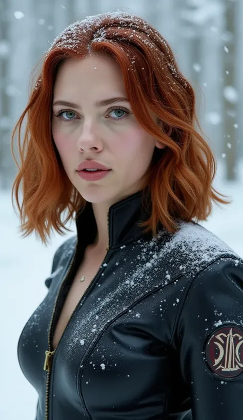 2D, Art Photography, Professional photography, photo of (a red-haired girl with freckles and Nordic skin, Scarlett Johansson With Latex suit with Open neckline focused, Scarlett Johansson face, Snow photography background:2), (Characteristics art Photograp...