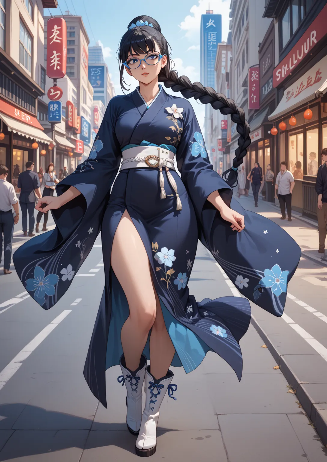  full-length girl ,  with long black hair woven into a voluminous long braid, wearing blue-rimmed glasses , Light skin, big blue eyes, hourglass figure medium chest ,  dressed open in a dark blue kimono with a wide white belt,  on her legs, white high boot...