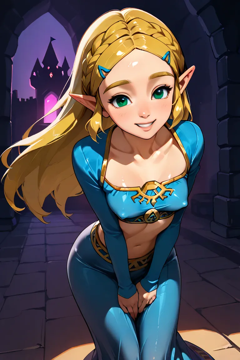 1 girl, solo, Highly detailed, slender legs, thin waist, hyrule castle, normal sized body, shadows, sexy eyes, highly detailed eyes,, 8k, sexy face, small perky breasts, black outline, bright colors, vibrant, princess Zelda ,, 18 years old, pretty face, Ze...