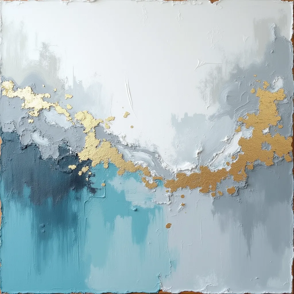 A textured abstract painting in impasto style, featuring large, thick brushstrokes of white, gray-blue, and turquoise paint with the effect of heavily applied oil paint. Chaotic accents of gold foil add an elegant and luxurious touch. Modern interior art s...