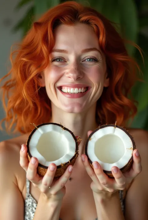 35-year-old woman, redhead.  body has wavy hair, silky,  round, defined and frizz-free. The face in the foreground, frontal. Holds a coconut half in each hand, close to her face . His face shows a lot of happiness with his mouth open.