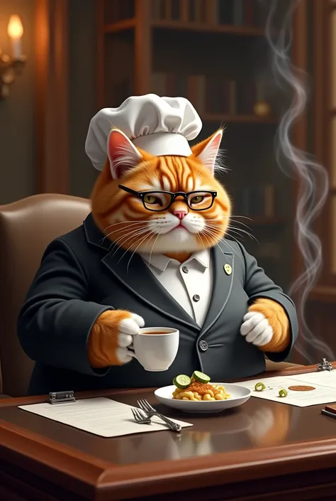 A highly realistic digital painting of a chonky orange ginger cat with white paws, dressed in a sleek business suit, sitting at a large office desk. The cat holds a tiny coffee cup in one paw while reviewing paperwork with a serious expression. The masterp...