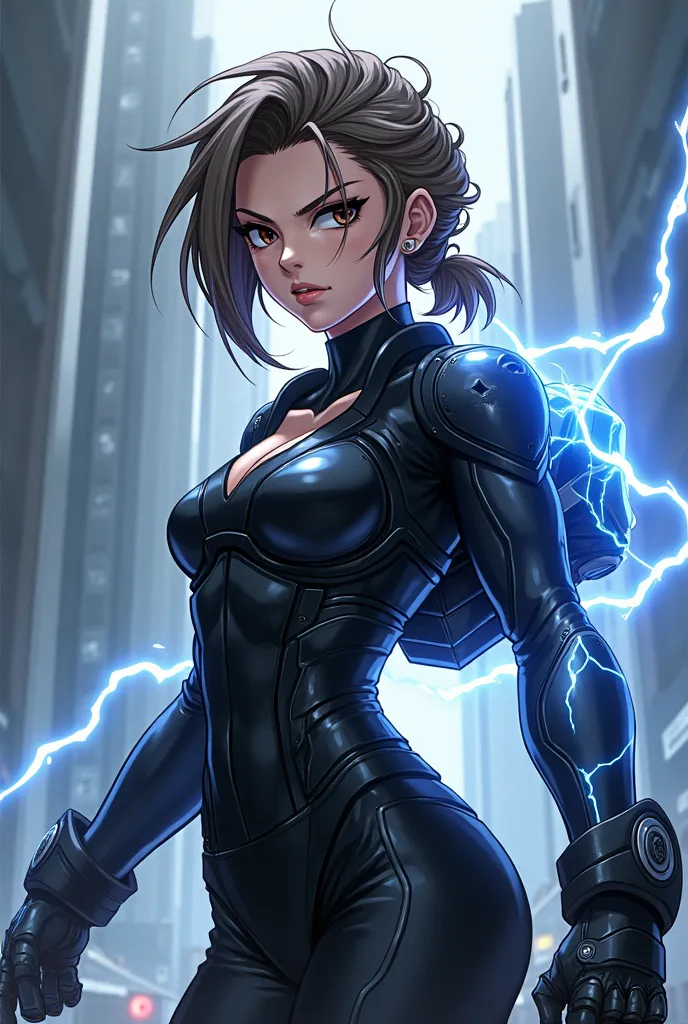 Help me create a Boku No Hero animation-style character with this reference image, The girl in a super black suit who helps her channel her lightning power 