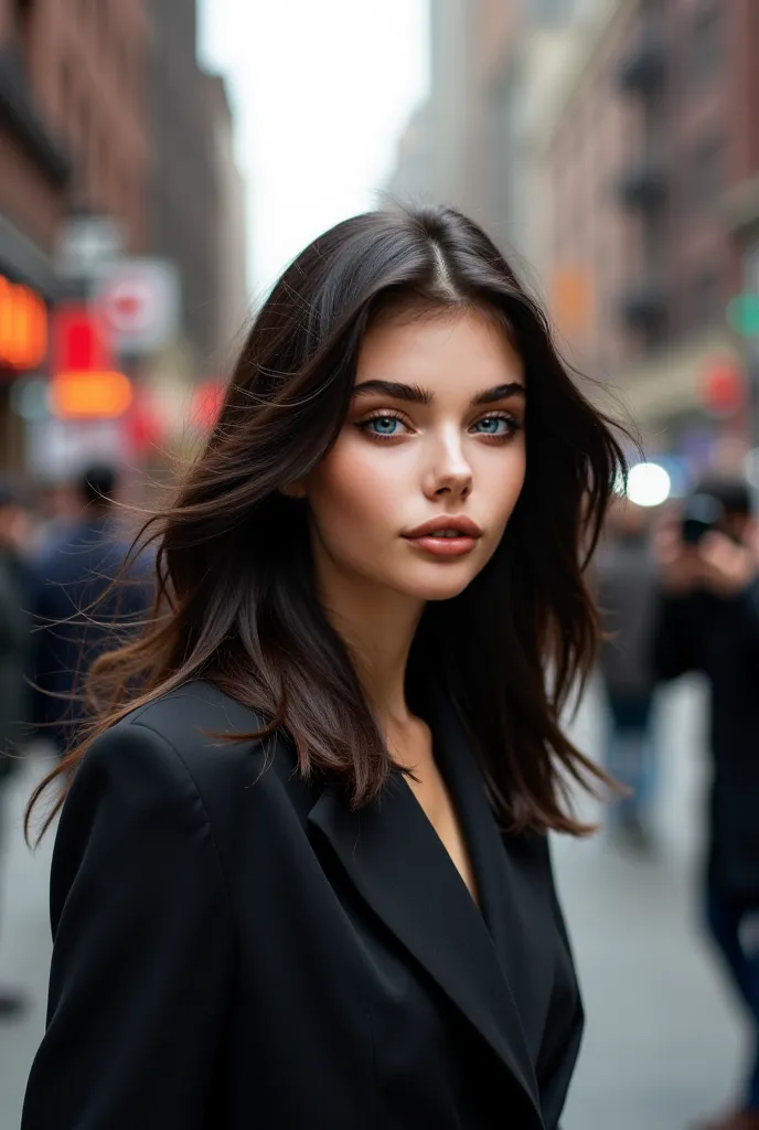  Attractive girl with black hair and blue eyes, Picture taken by paparazzi,  walk down the street