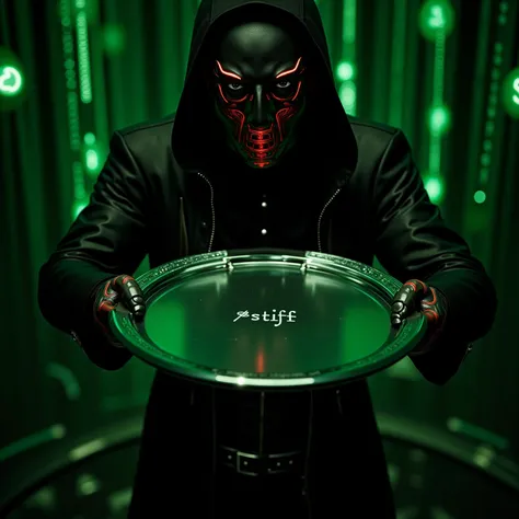 in matrix a character with black red mask holding green $TIFF inscription on a metal plate with chrome effect, matrix green black theme, green crypto in the background, best quality, h, high resolution, 8K, masterpiece, ultra-detailed, realistic, photoreal...