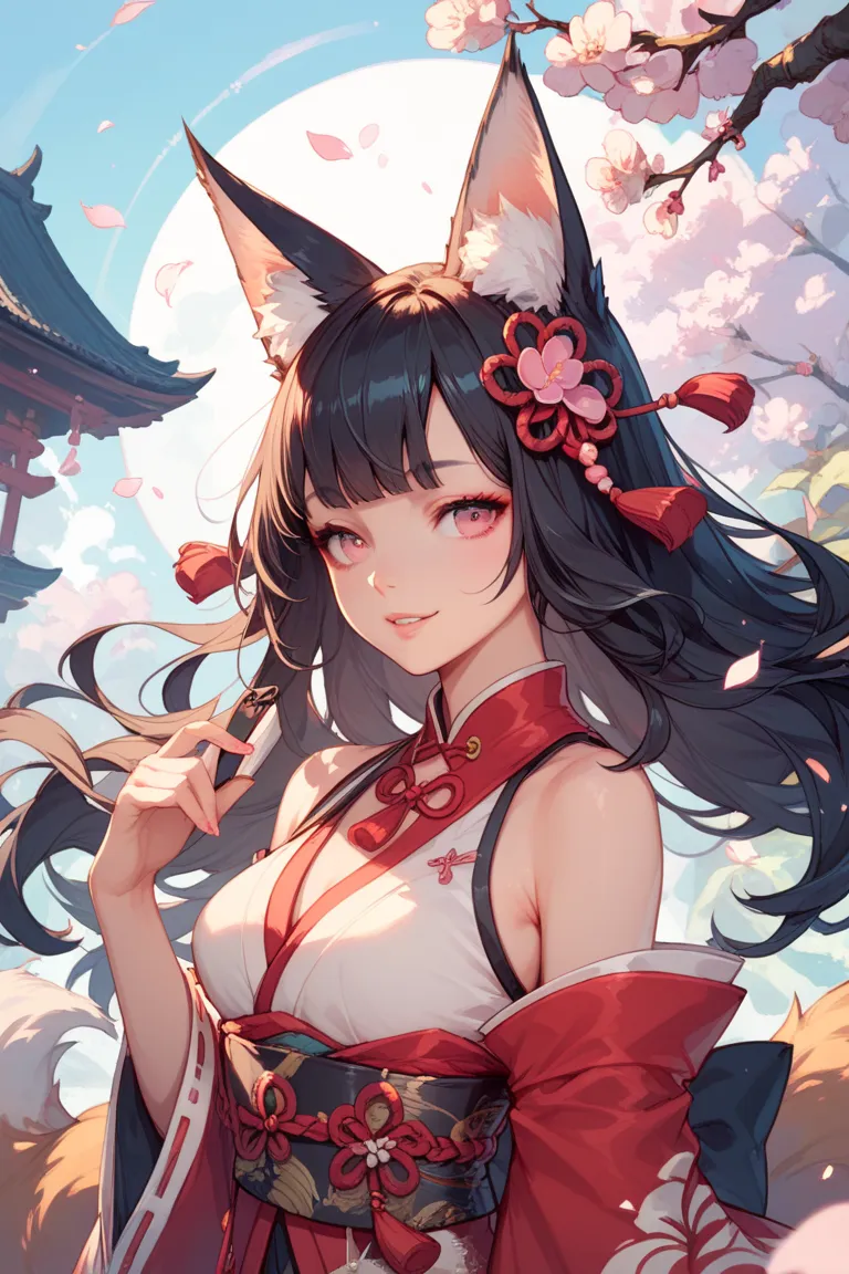 kitsune girl, Short , fantasy , make up, Pink Eyes, Fox Ears, Black Hair, 