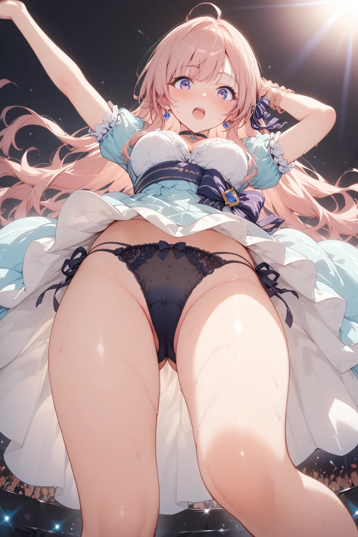 ( top quality)(  artistic  )、 idol girl on water (Beautiful Manicured Face)、blush、is embarrassing、、surprised expression、lace panties that open both legs slightly、  Panchira(Butt）、 concert,  ON STAGE , low angle、