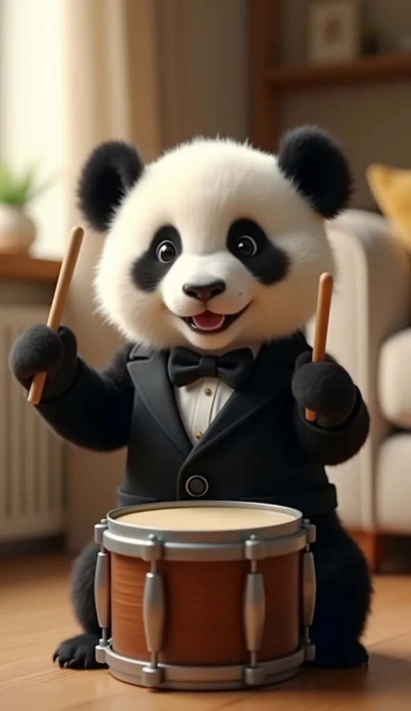 A highly realistic close-up shot of an adorable baby panda playing a drum in a cozy home interior. The tiny panda, with soft black-and-white fur and big, expressive eyes, is wearing a miniature black tuxedo, making it look both elegant and charming. Its sm...