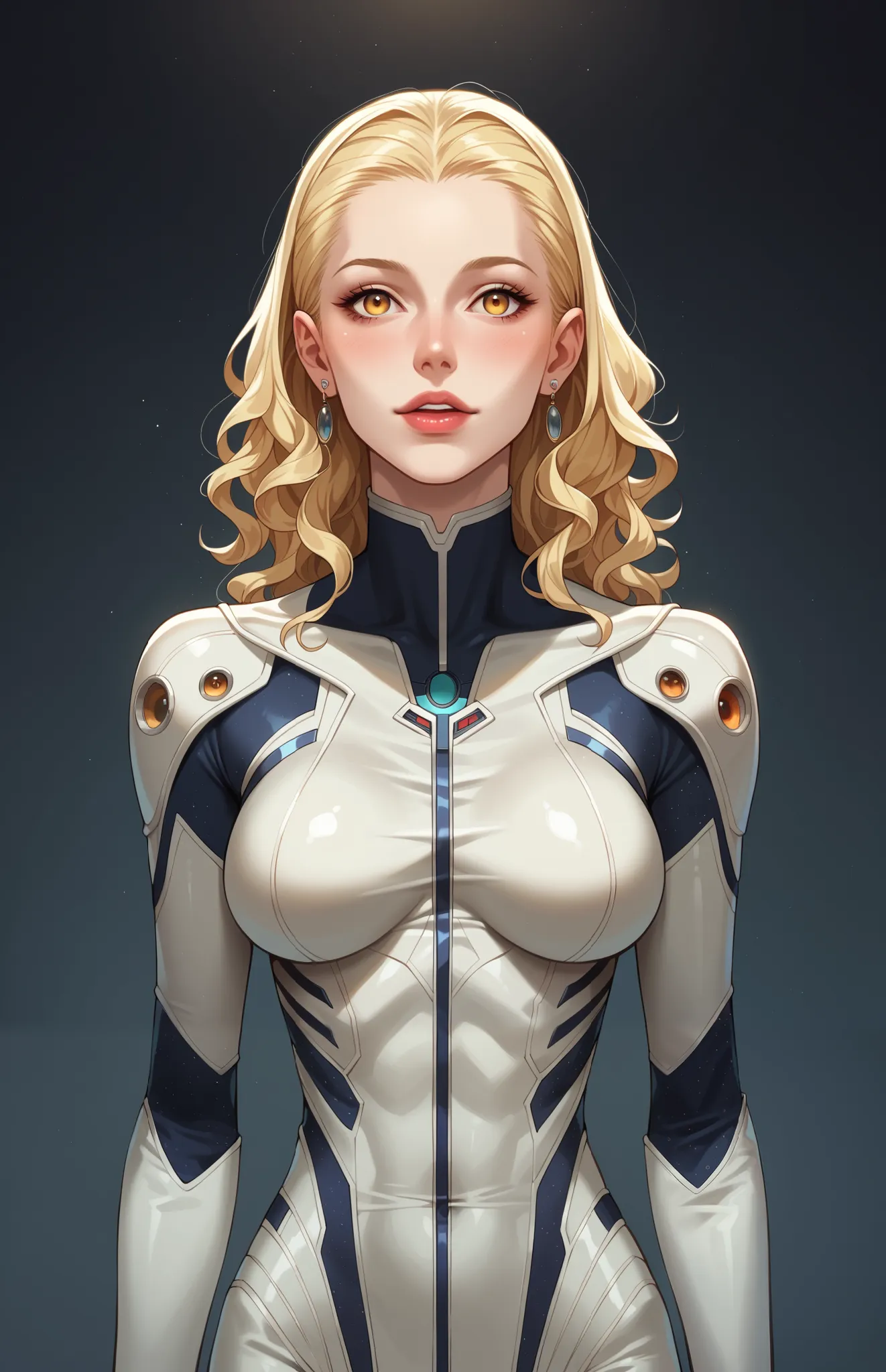 ALIEN WITH long blonde curly hair and futuristic jumpsuit clothing, spaceship captain, pontuação_9, pontuação_8_acima, pontuação_7_acima, pontuação_6_acima, source_realista, BREAK 1 female alien with long blonde hair, roupa futuristica, FANTASTIC CREATURE,...