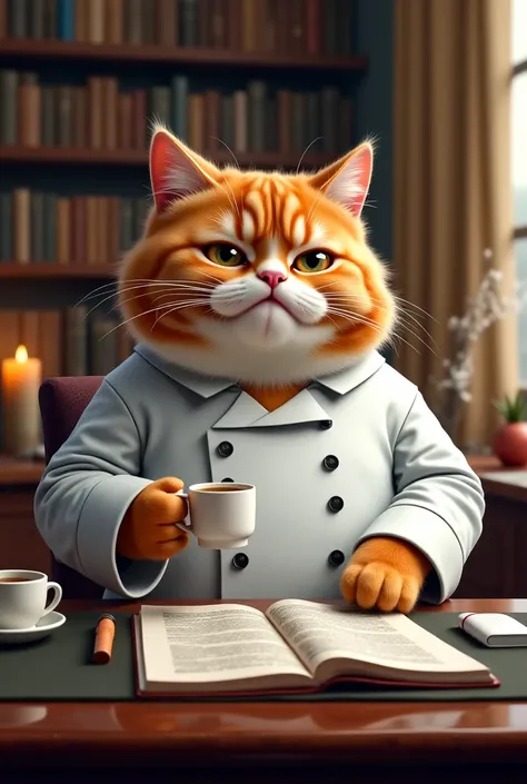 A highly realistic digital painting of a chonky orange ginger cat with white paws, dressed in a sleek business suit, sitting at a large office desk. The cat holds a tiny coffee cup in one paw while reviewing paperwork with a serious expression. The masterp...