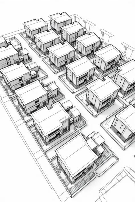 Draw for me neighborhood with 10 house with parking vertical parking for each house three parking, autocad style, like a map, a picture from above, black and white, outlines, 2d, Like a map, a picture from above, autocad style 
