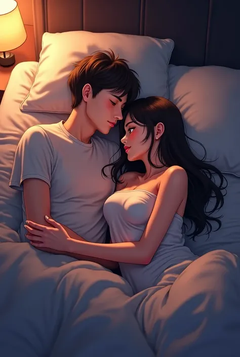  handsome husband burying his face in his wife's boobs...sleeping..cozy...night...anime 18+