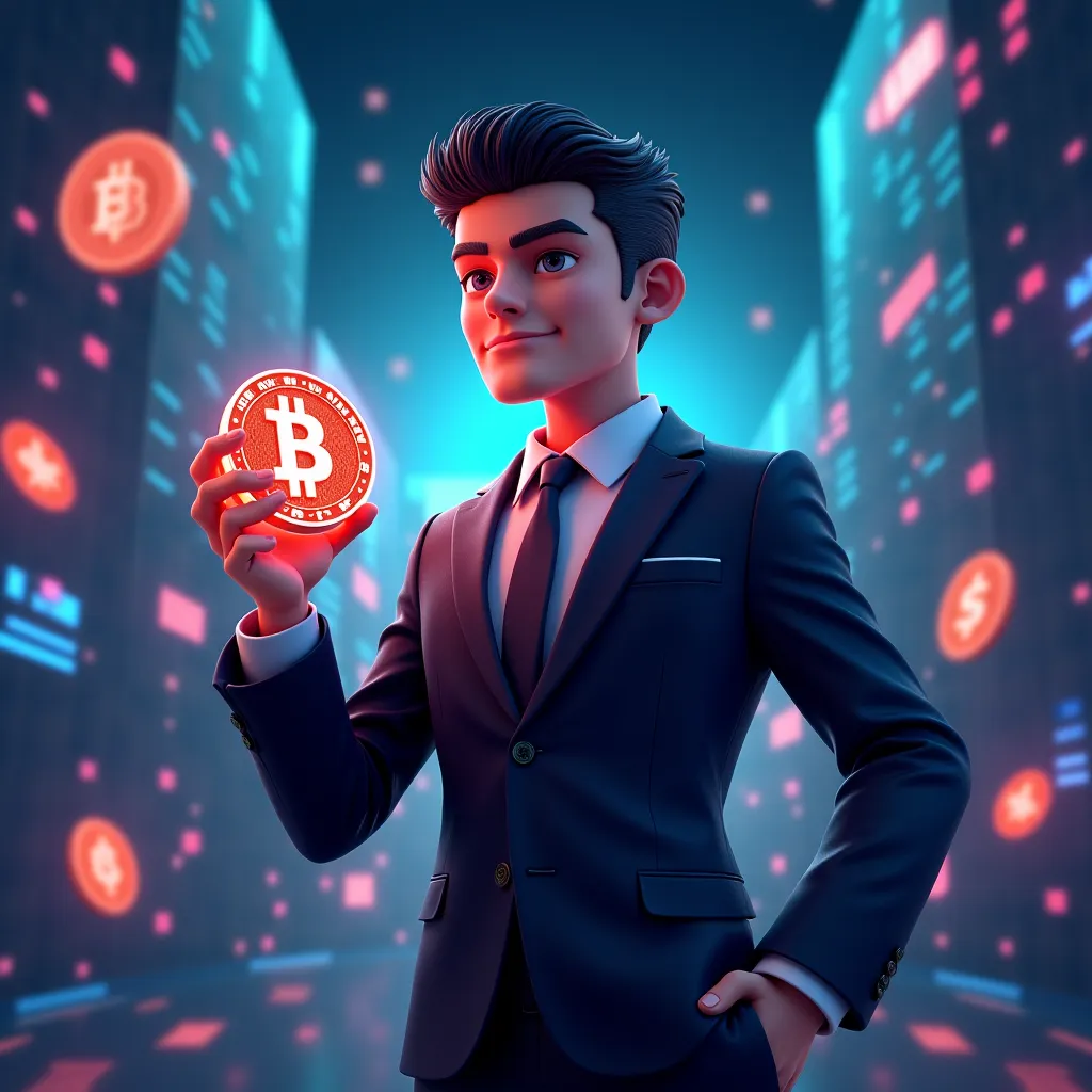 Young crypto businessman character and crypto coin with BYC lettering