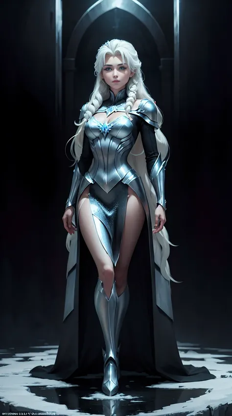 ((full body photo, standing)) 1 gorgeous European blonde woman, age 23, she is the powerful queen of the frozen world, she stands on her metallic frozen throne