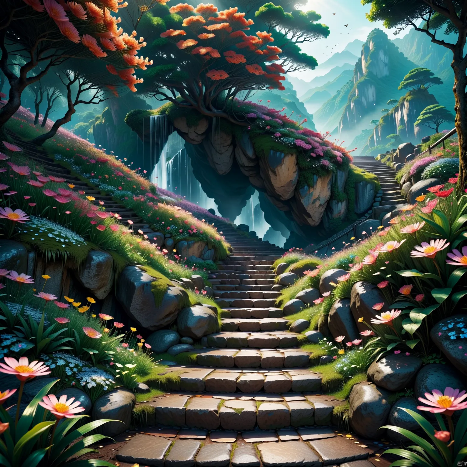 masterpiece, best quality, extremely detailed 8k unity CG wallpaper, endless stairs up the high mountains, the stairs are designed with crystal, rain, ancient trees blooming a lot, xoan flowers, luso flowers blooming on both sides of the road, exquisite de...