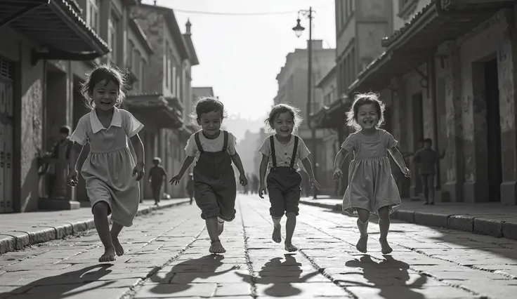  Playing on the street barefoot with vatuas ren's 40s black and white photo 