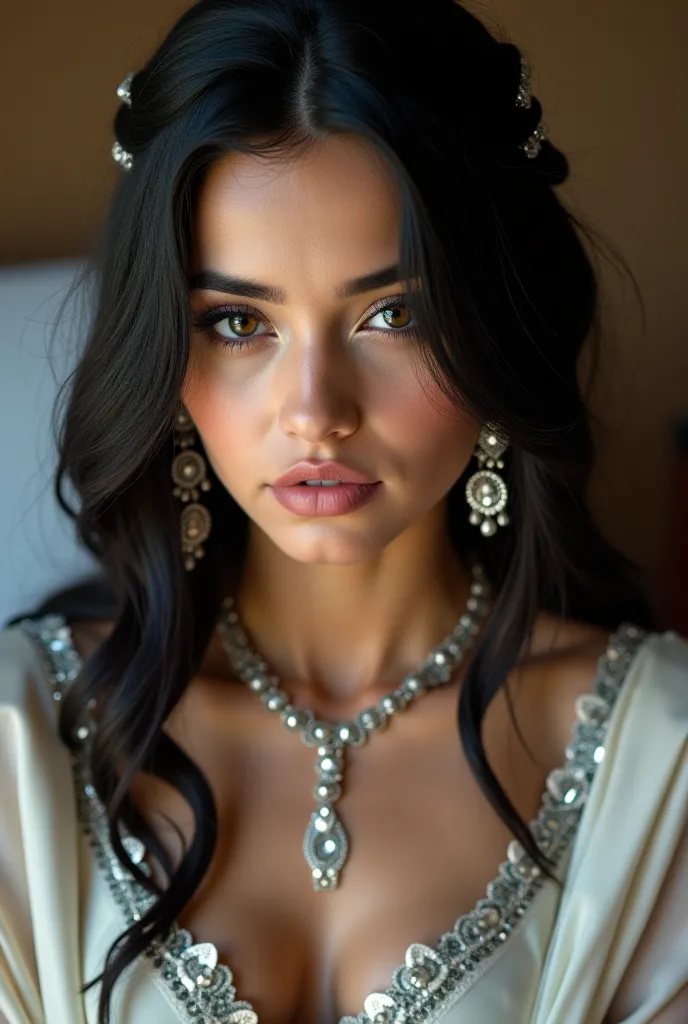 A realistic image of an Arab girl in a hotel room, dressed in white and silver antique clothes, shiny silver jewelry, makeup, close-up portrait, long black hair. 