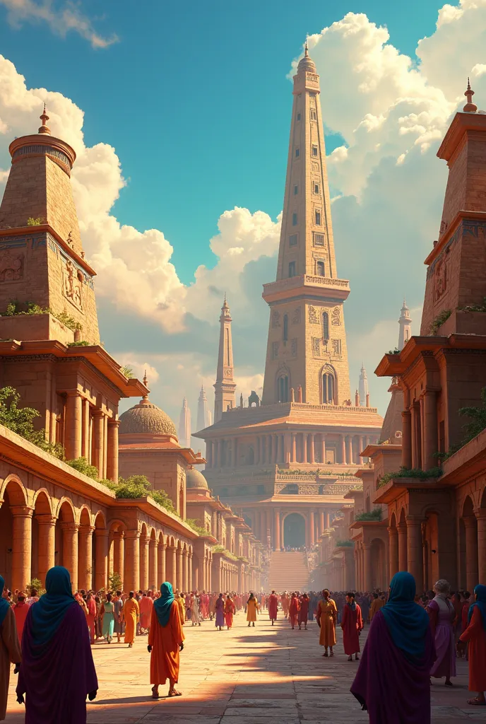 city of Babylon, disney art style/Pixaruna scene of the ancient city of Babylon in a Disney art style/Pixar, a panoramic view of the city with impressive architecture,  elaborate details, people dressed in traditional Babylonian clothing, bustling activity...