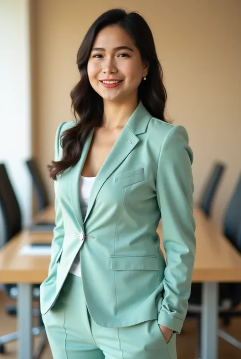 Change the image to a half-body portrait weighing 60 kilos and where she is dressed professionally in #E9F3F5 color. The background is #F7F5EF, and there are office behind her.