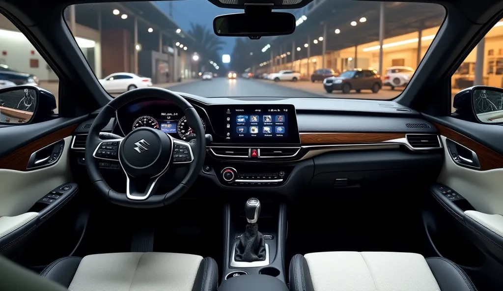 5The image shows the interior of a luxury car, specifically the driver's seat and dashboard. The car has a modern design with a black color scheme, seat color black. The steering wheel is in the center of the image, with the (2025 Suzuki jimni)  logo in th...