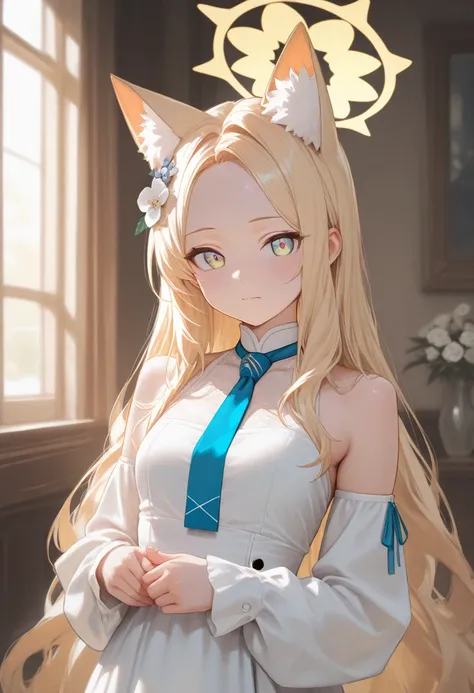 1girl, (blue archive:1.1), 
to, 
animal ears, One, blond hair, halo, long hair, looks at viewer, fox ears, fluff from the animal's ears, dress, tie, white dress, forehead, closed mouth, hair ornament, yellow halo, upper body, hair flower,  yellow eyes, blu...