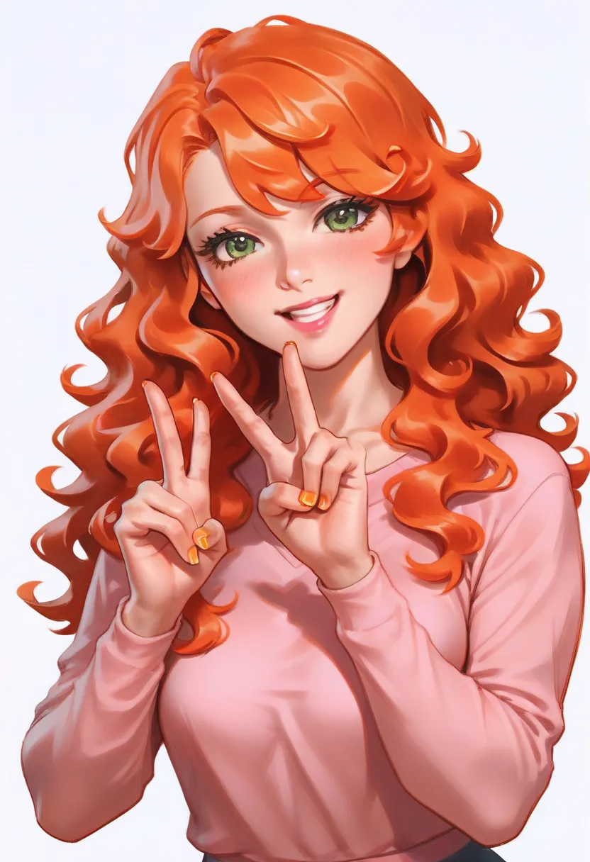 , traditional art, liu2, jelly texture, score_9, score_8_up, score_7_up, 1 girl, 18 years old, (standing:1.2), (wavy hair:1.2),  (bangs:1.2), (anime :1.2), (jelly art:1.2), (orange hair #FF3A29:1.3), thin nose, cute, digital atmosfere, hitech atmosfere, (m...