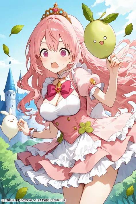 masterpiece、highest quality、I am a Princes daikon\(A very surprised expression,sakura pink dress,tiara with green leaves\),many little daikon\(litle Japanese white radish charactder with green leaves\),focus on the princes daikoncute kawaii village, castl...