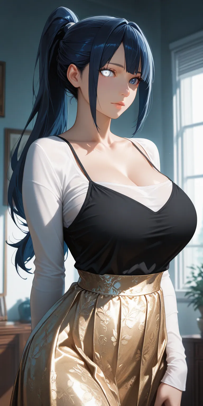 Masterpiece, newest, high contrast, high quality, ultra HD,very aesthetic, vibrant, mature female, hinata hyuga, high ponytail long hair, dark blue hair color, white eye color, camisole, perfect breast, upper body, ultra detailed, highres, best quality, ho...